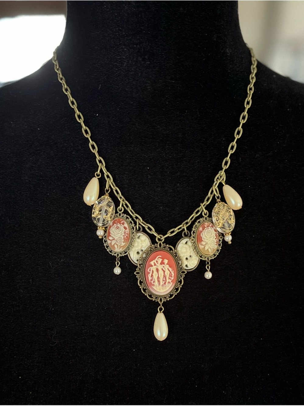 Vintage Inspired Cameo Bib Carnelian & Cream Necklace